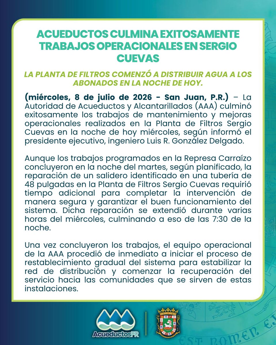 🔵 Comunicado de Prensa | Acueductos culmina exitosamente…
