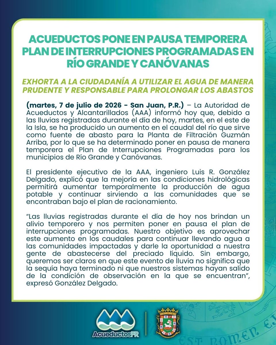 🔵 Comunicado de Prensa | Acueductos pone en pausa temporera…